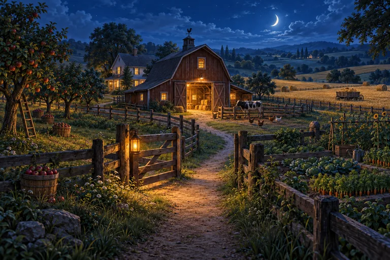 A country farm with a wooden barn, fields, and an orchard.