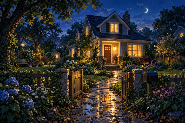 A glowing front porch beside a moonlit garden.