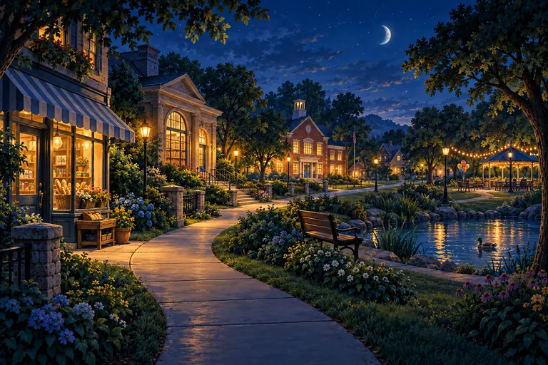 A neighborhood street with welcoming shops and leafy trees.