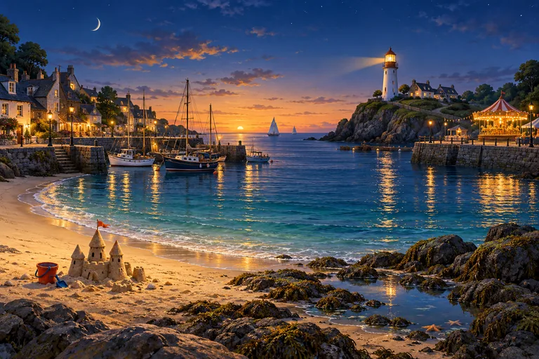 A moonlit seaside village with a lighthouse, boats, and a sandy beach.